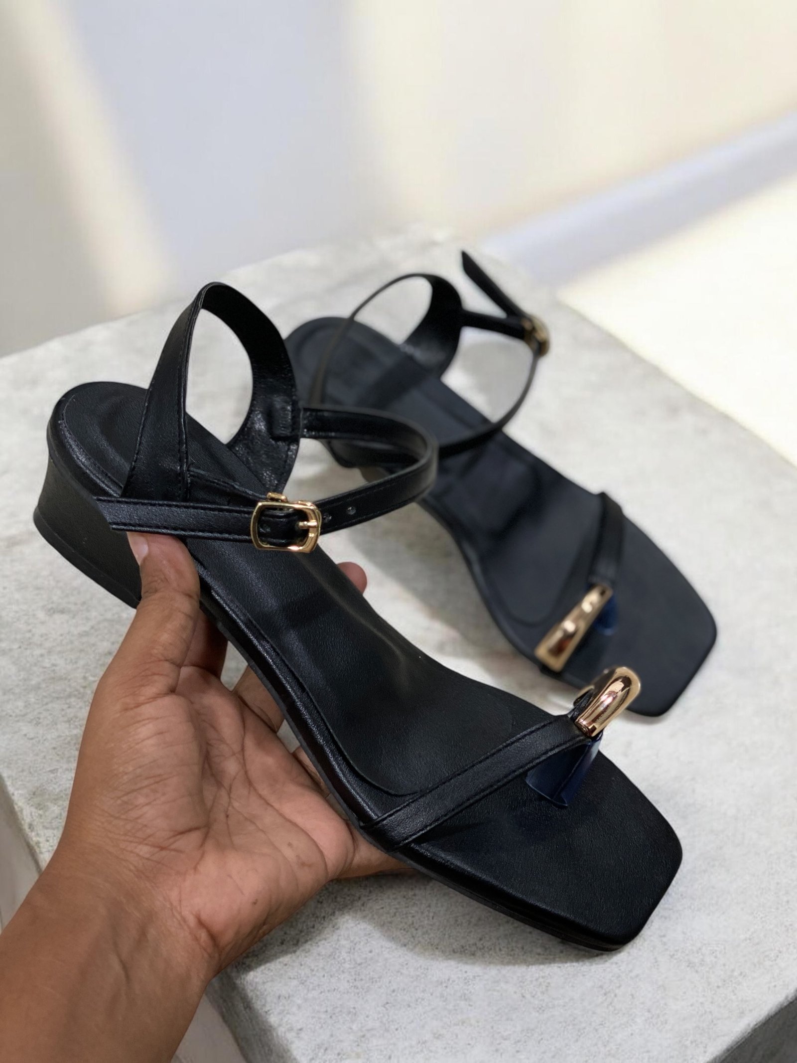 Stella Gold Toe Ring Black Sandal Heel