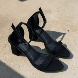 Black Suede Velvet Block Heel with Ankle strap Buckle Closure