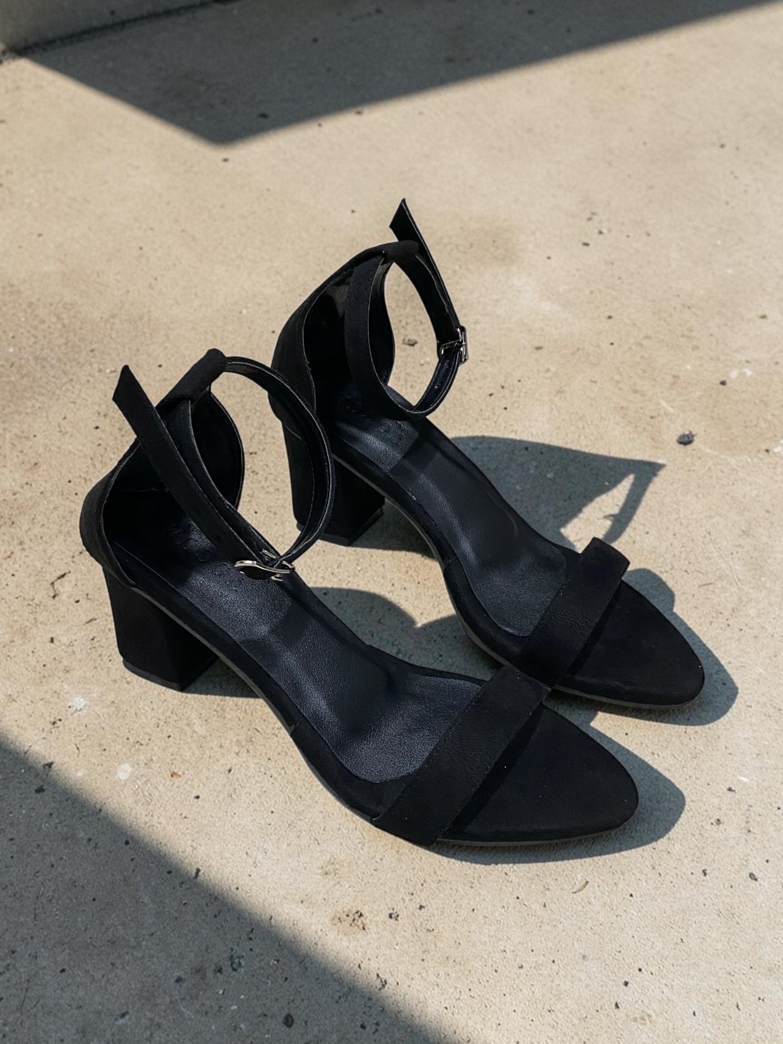 Black Suede Velvet Block Heel with Ankle strap Buckle Closure