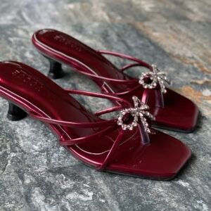 Crystal Bow Thong Burgundy Heel